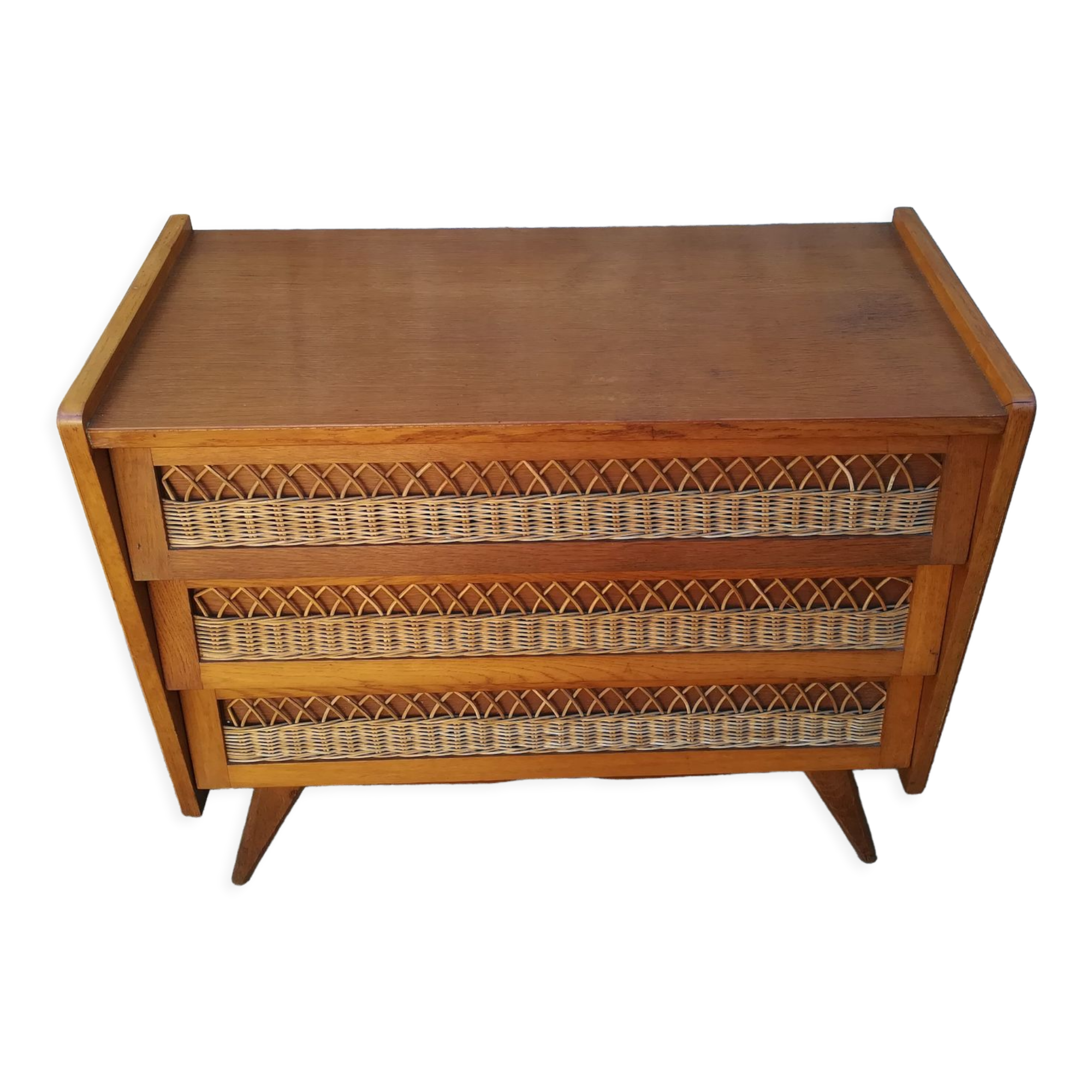 Vintage rattan and oak chest of drawers