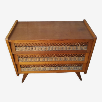 Commode vintage en rotin et chêne