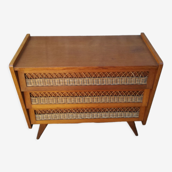 Vintage rattan and oak chest of drawers