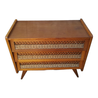 Commode vintage en rotin et chêne