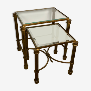 Vintage 80'S trundle table in patinated gilded wrought iron top beveled glass