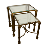 Vintage 80'S trundle table in patinated gilded wrought iron top beveled glass