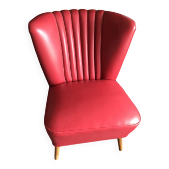 Mid-century cocktail chair in red vinyl and beech, 1950s design from Czechoslovakia.