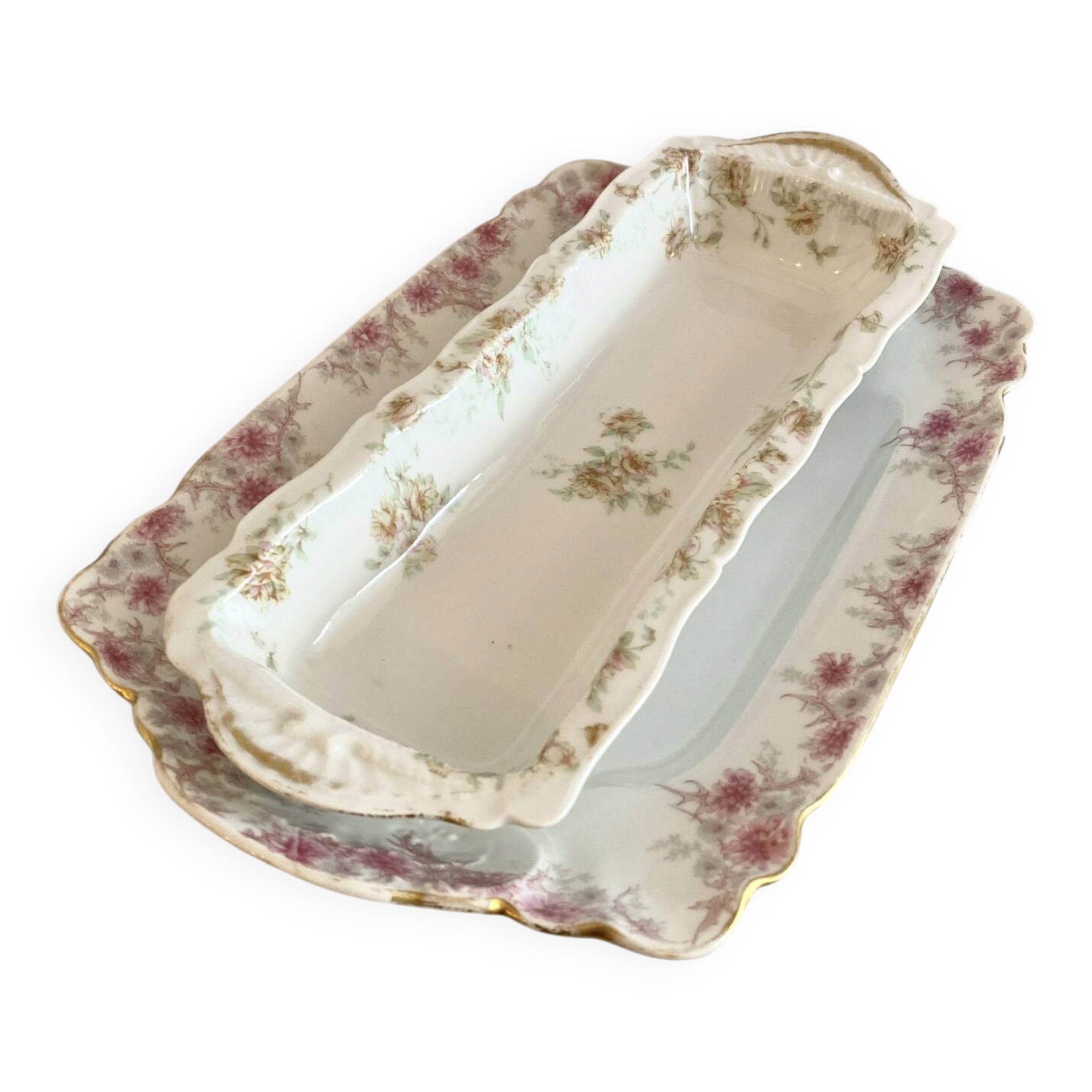 2 antique serving dishes made of Haviland porcelain from the late 19th to early 20th century.