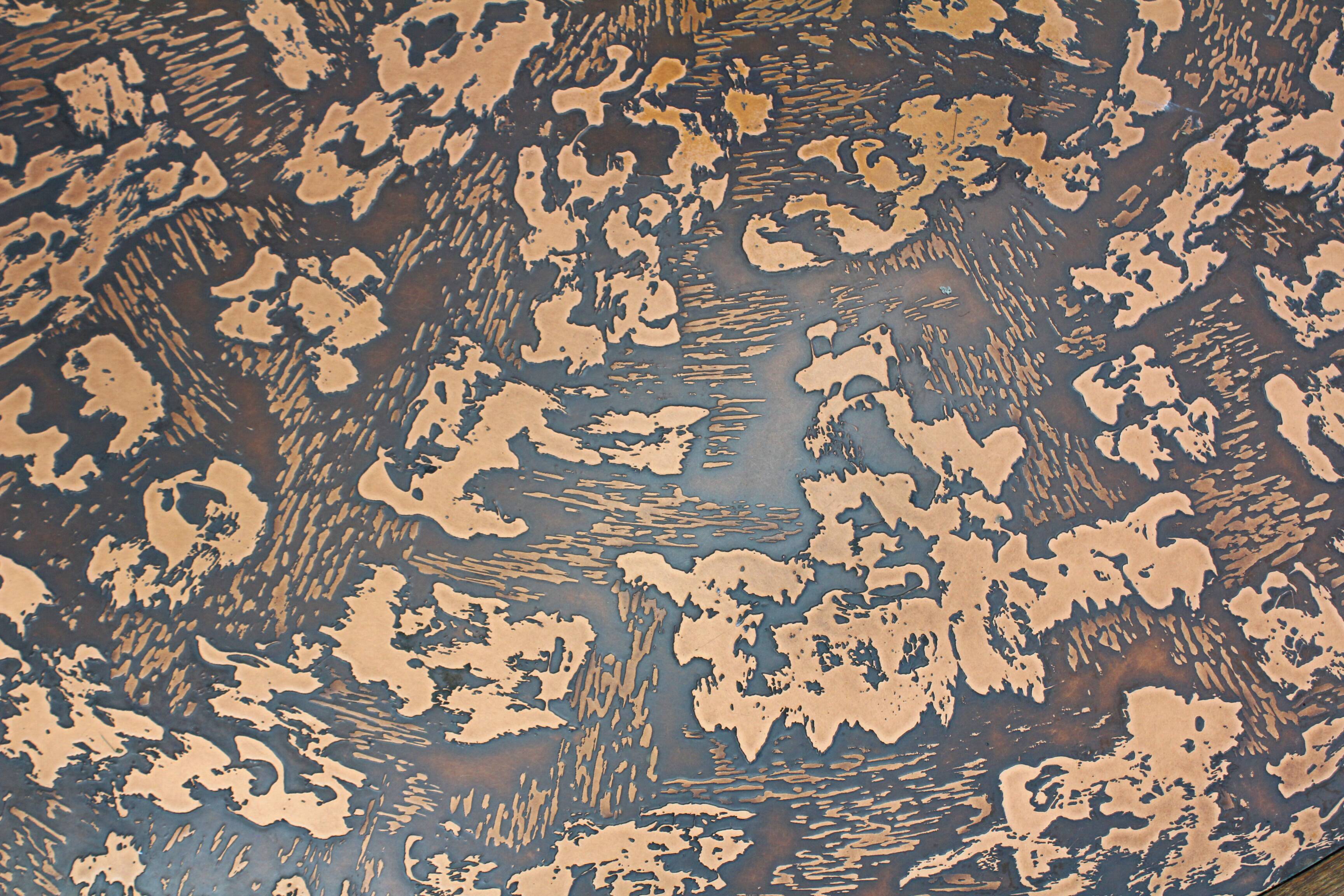 Vintage brutalist copper and wood round coffee table 1970s