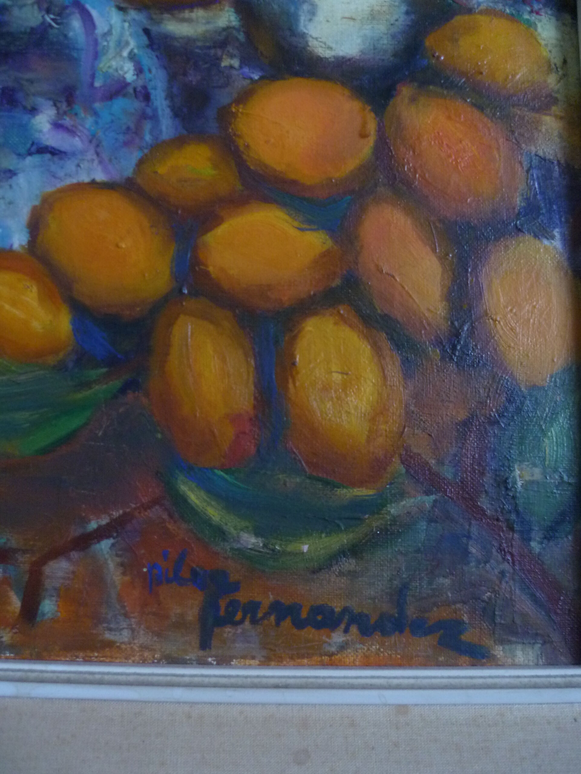 Painting "mangoes" Cannes 1975 signed Pilar Fernandez, 20th