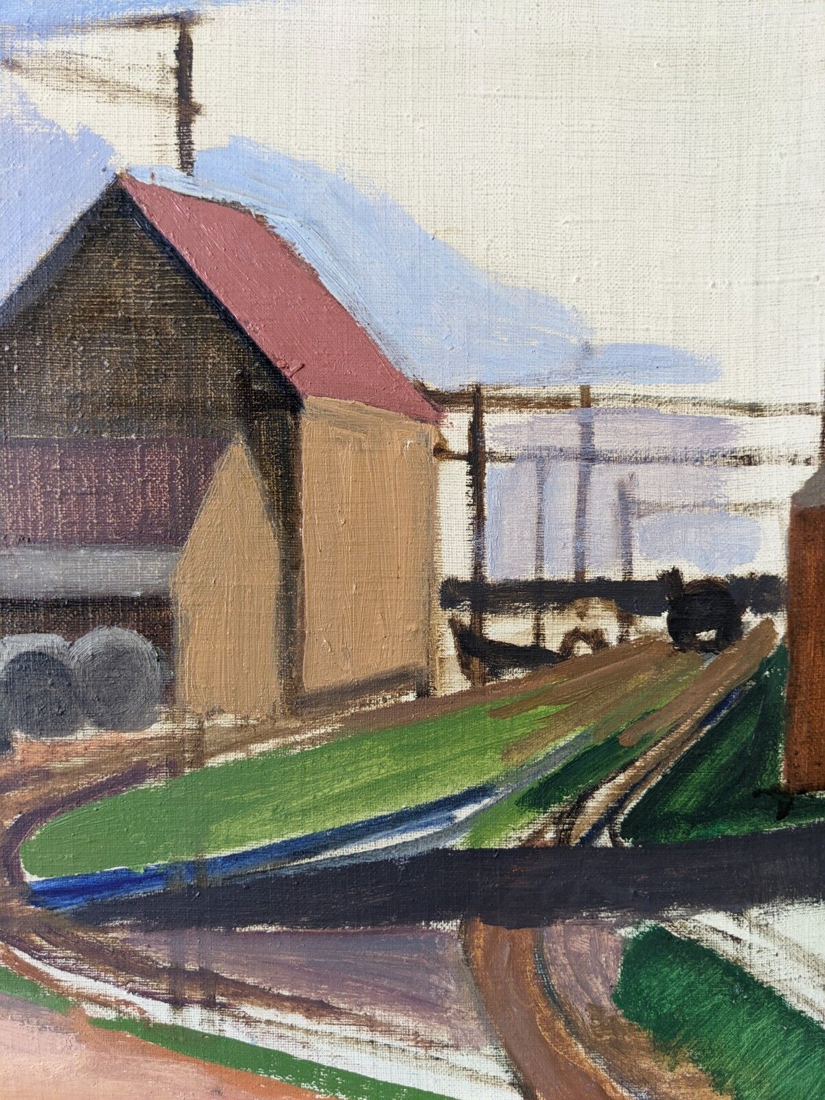 1951 Mid-Century Modern Swedish "Suburban Serenade" Vintage Landscape Oil Painting, Framed