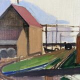 Peinture à l’huile de paysage vintage suédoise moderne du milieu du siècle « Suburban Serenade », encadrée, 1951