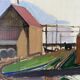 Peinture à l’huile de paysage vintage suédoise moderne du milieu du siècle « Suburban Serenade », encadrée, 1951