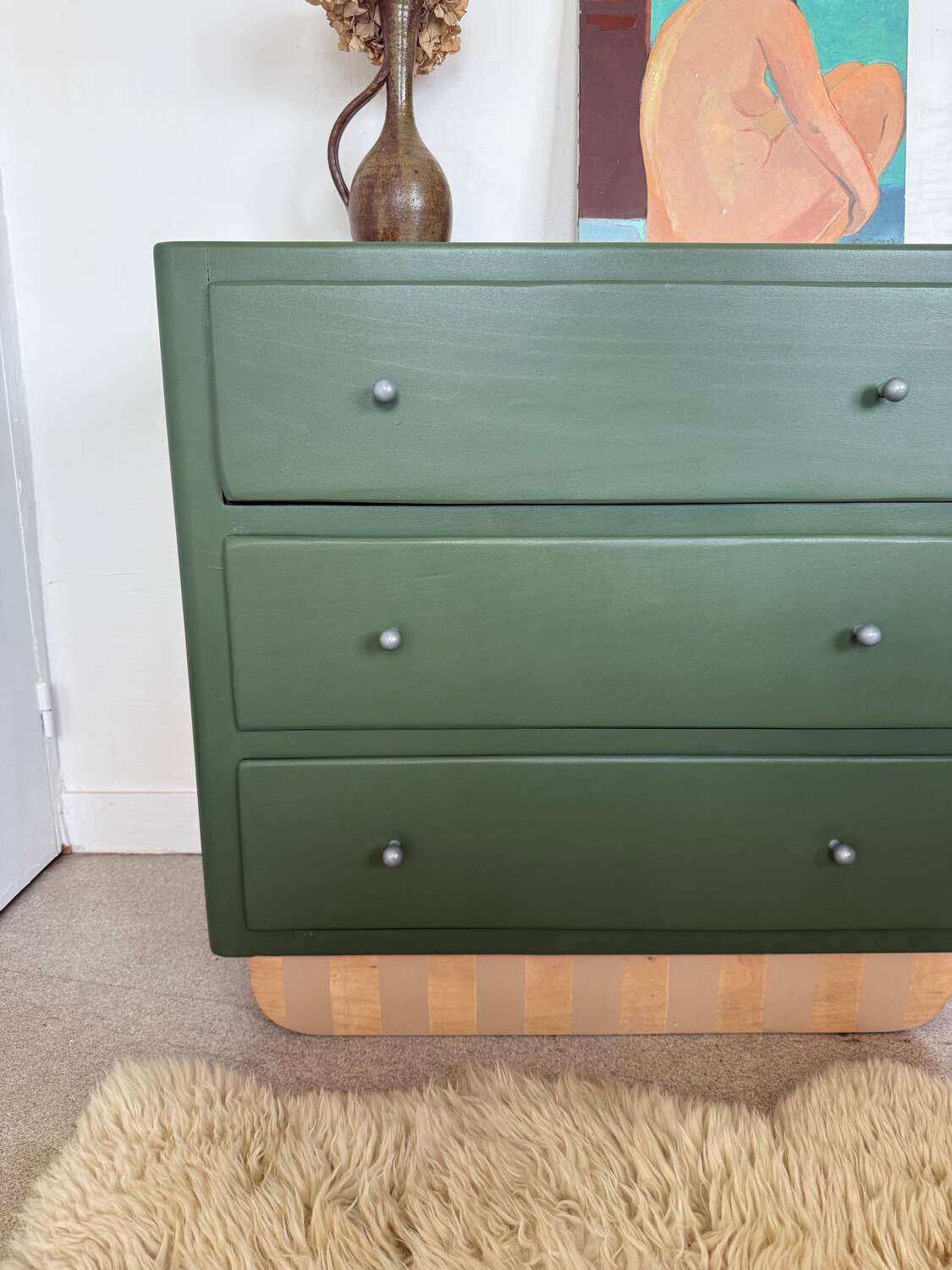 Vintage olive green chest of drawers with striped base