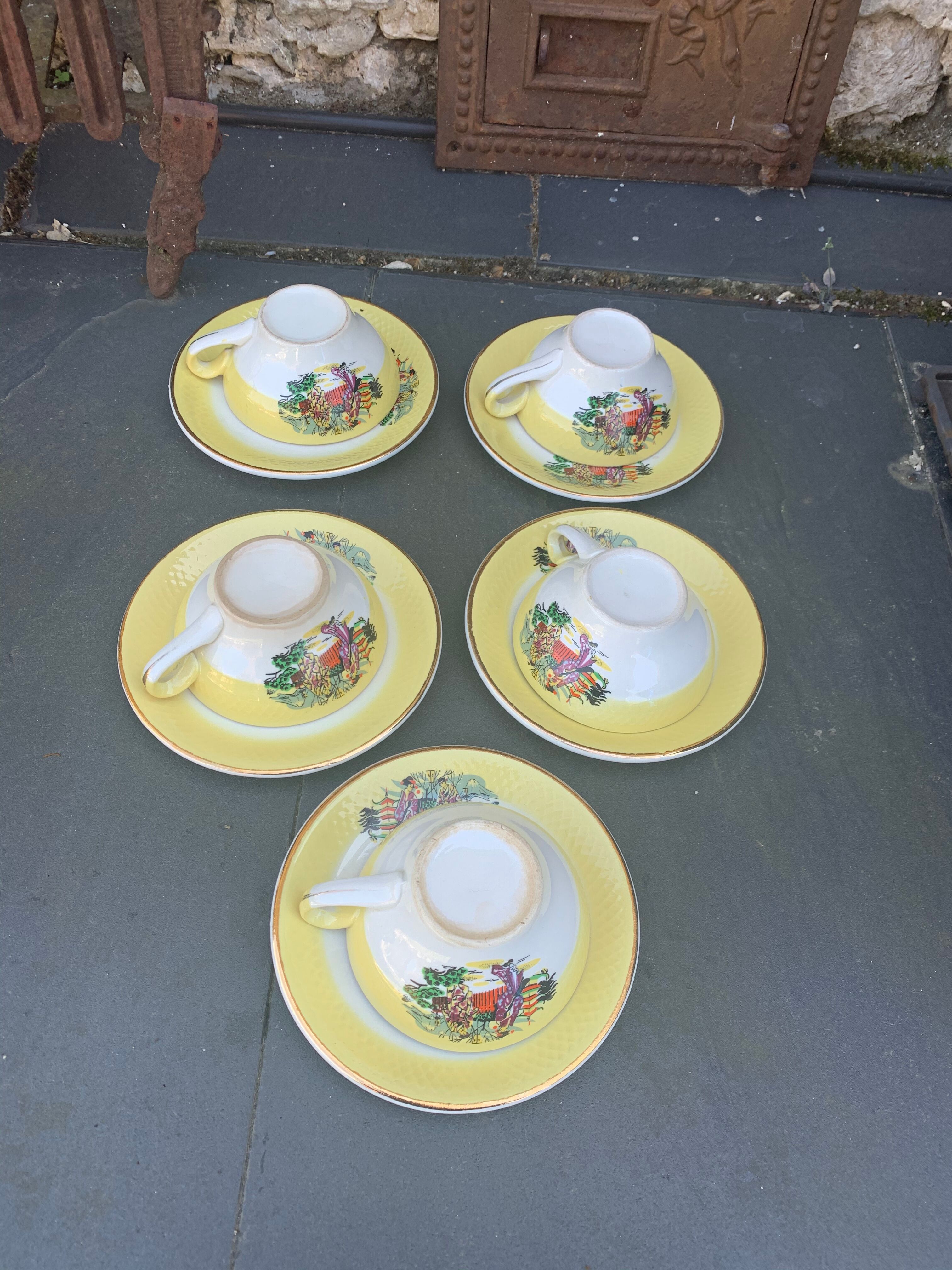Coffee service or tea in vintage yellow and white porcelain