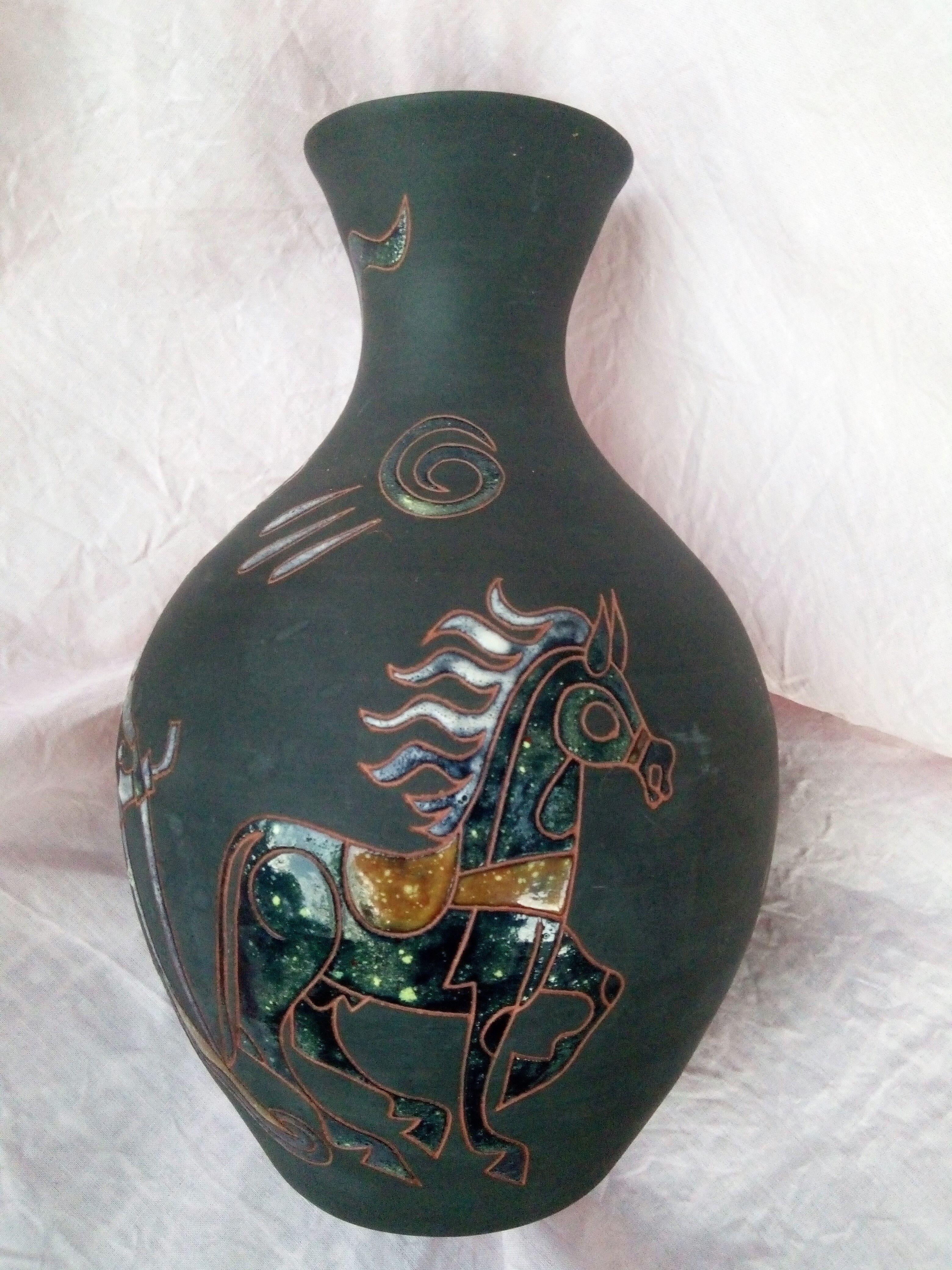 Vase with enamelled mythological decoration, signature to decipher 1950