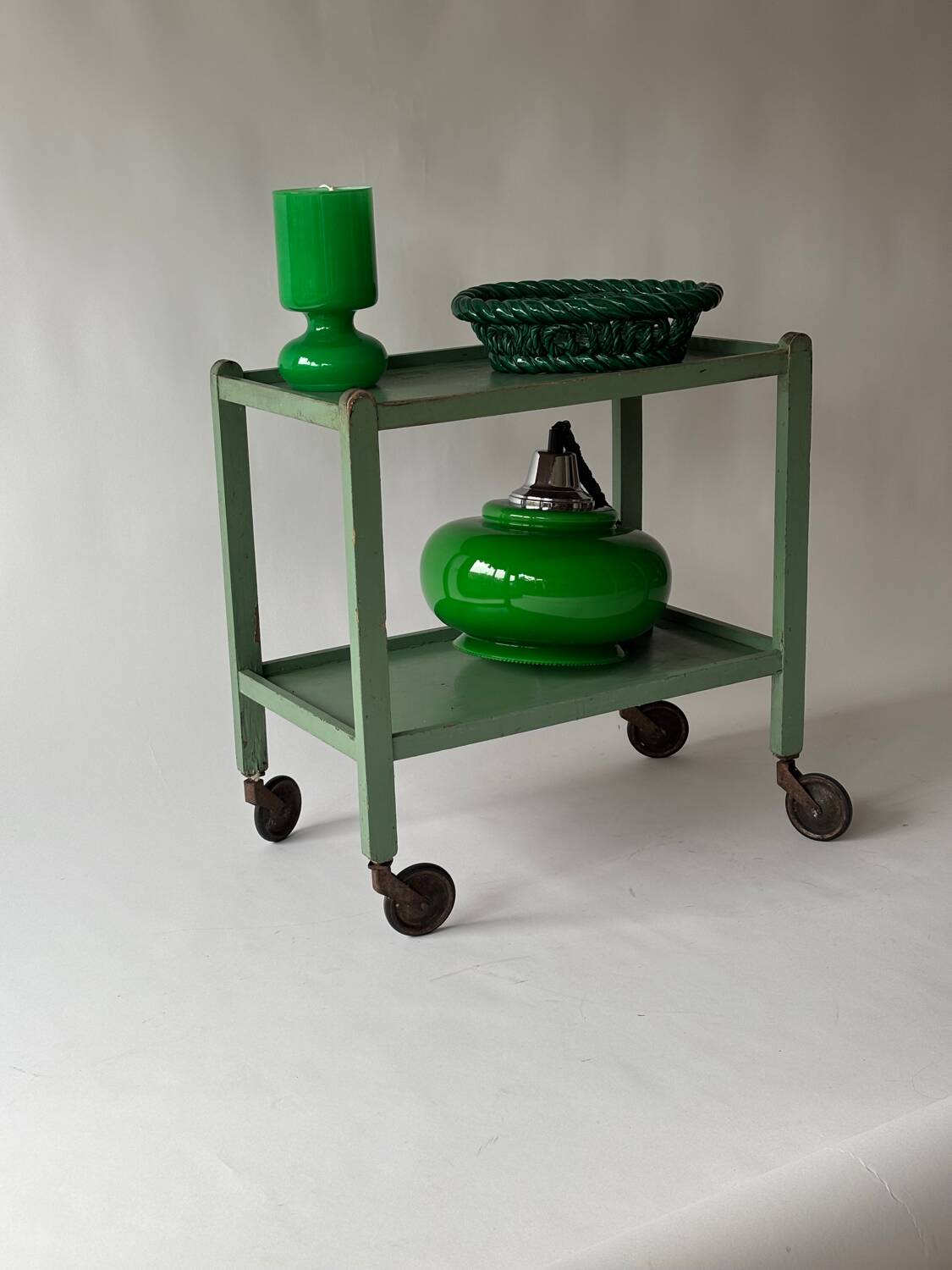 Painted wooden serving trolley, patinated, circa 1950