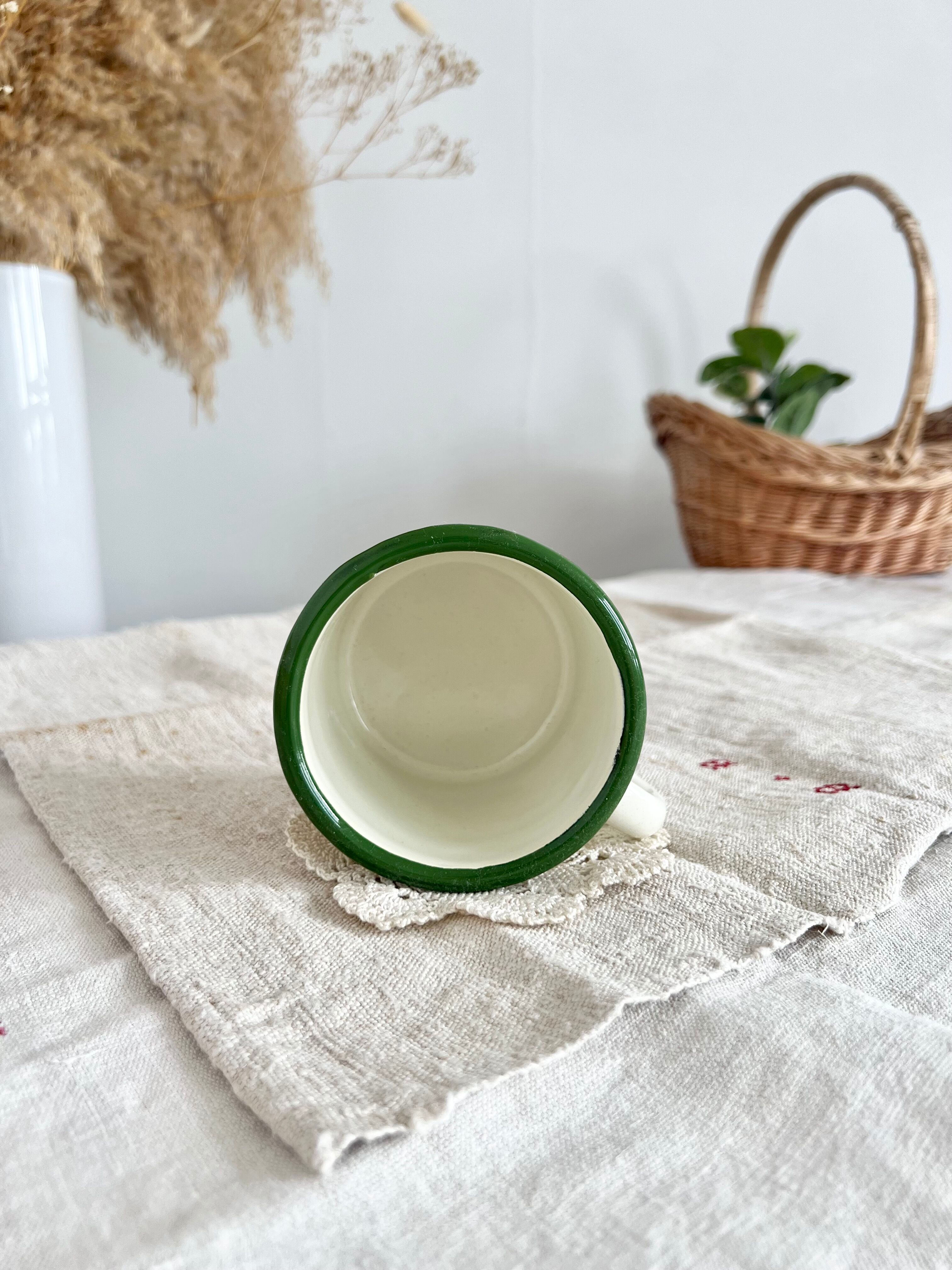 Vintage beige enamelled cup green border olive branch pattern rustic style