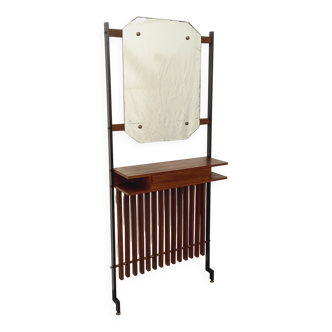 Meuble d’entrée vestiaire italien vintage avec miroir, tablettes en teck