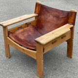 Safari chair in pine and leather, first edition attributed to Karin Mobring, 1970s