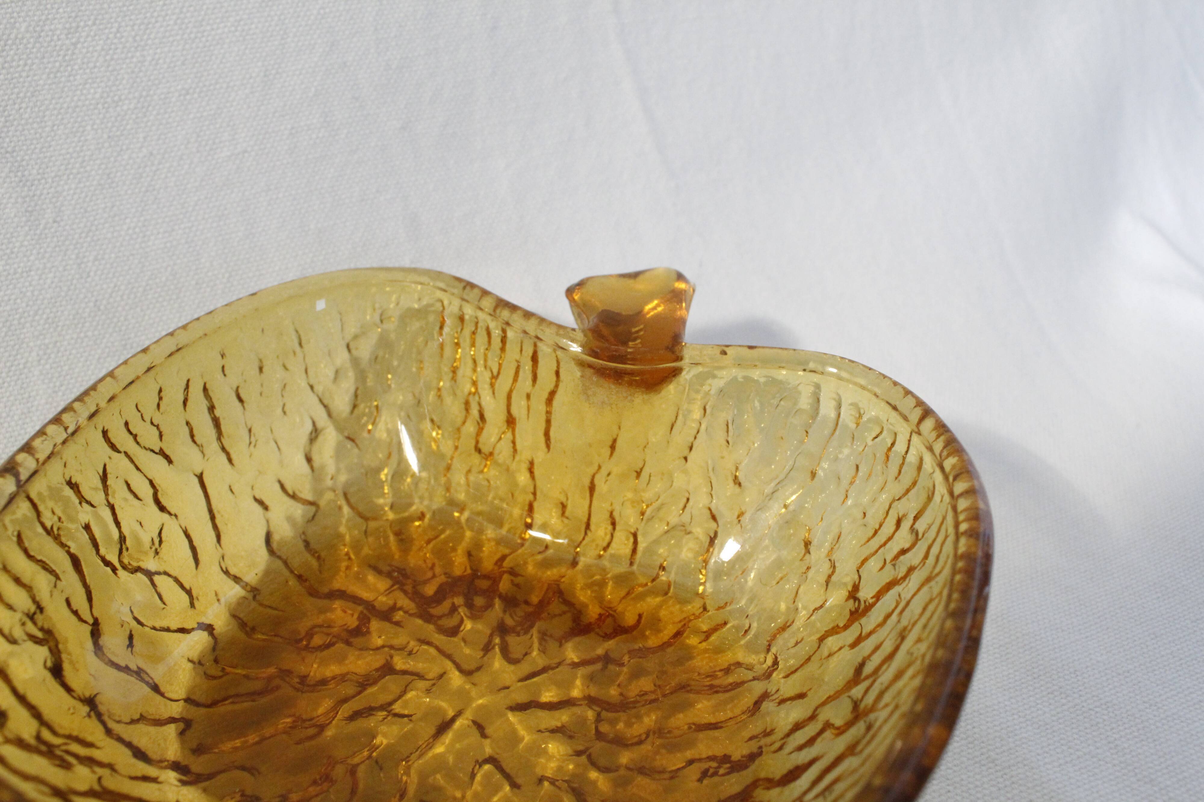 Salad bowl set and 4 dessert cups, vintage, apple shape in amber glass