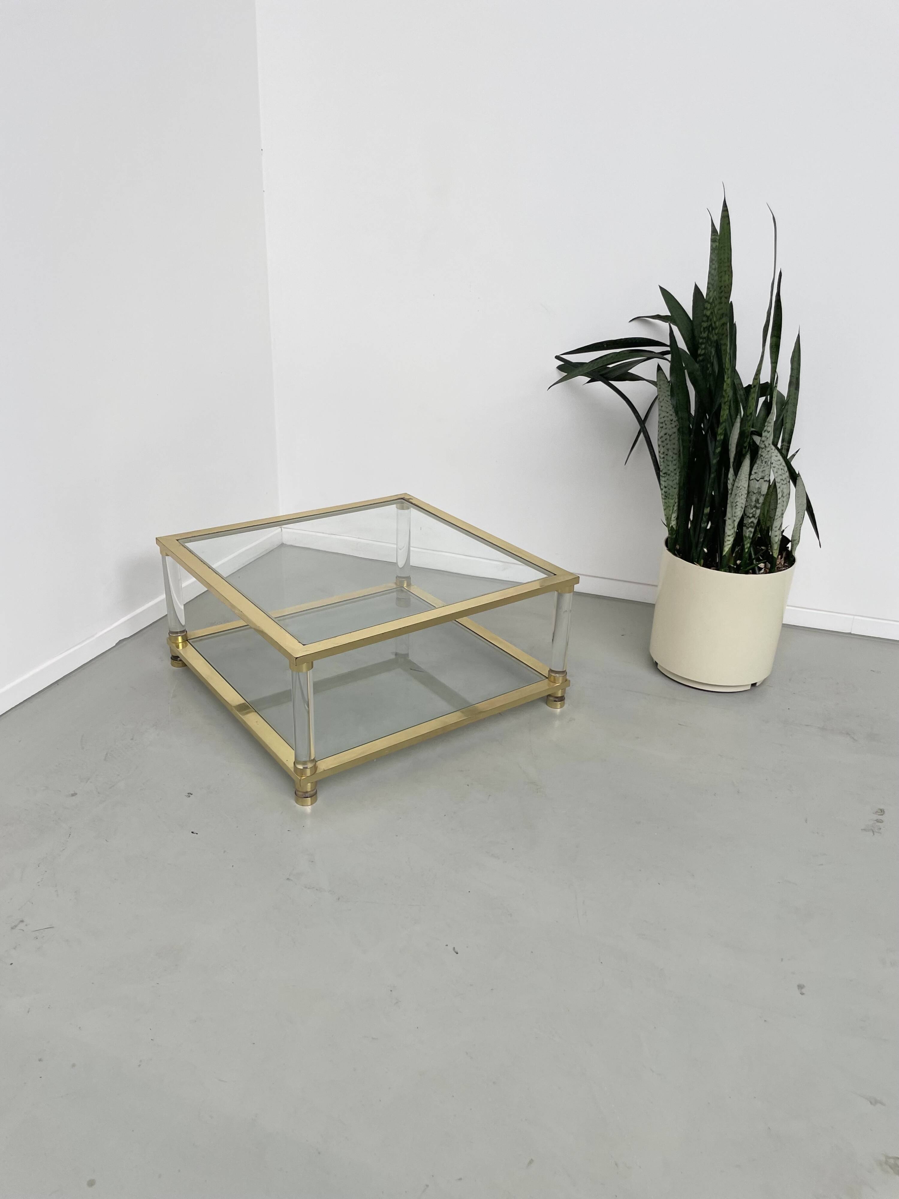 1970s lucite, brass and glass coffee table