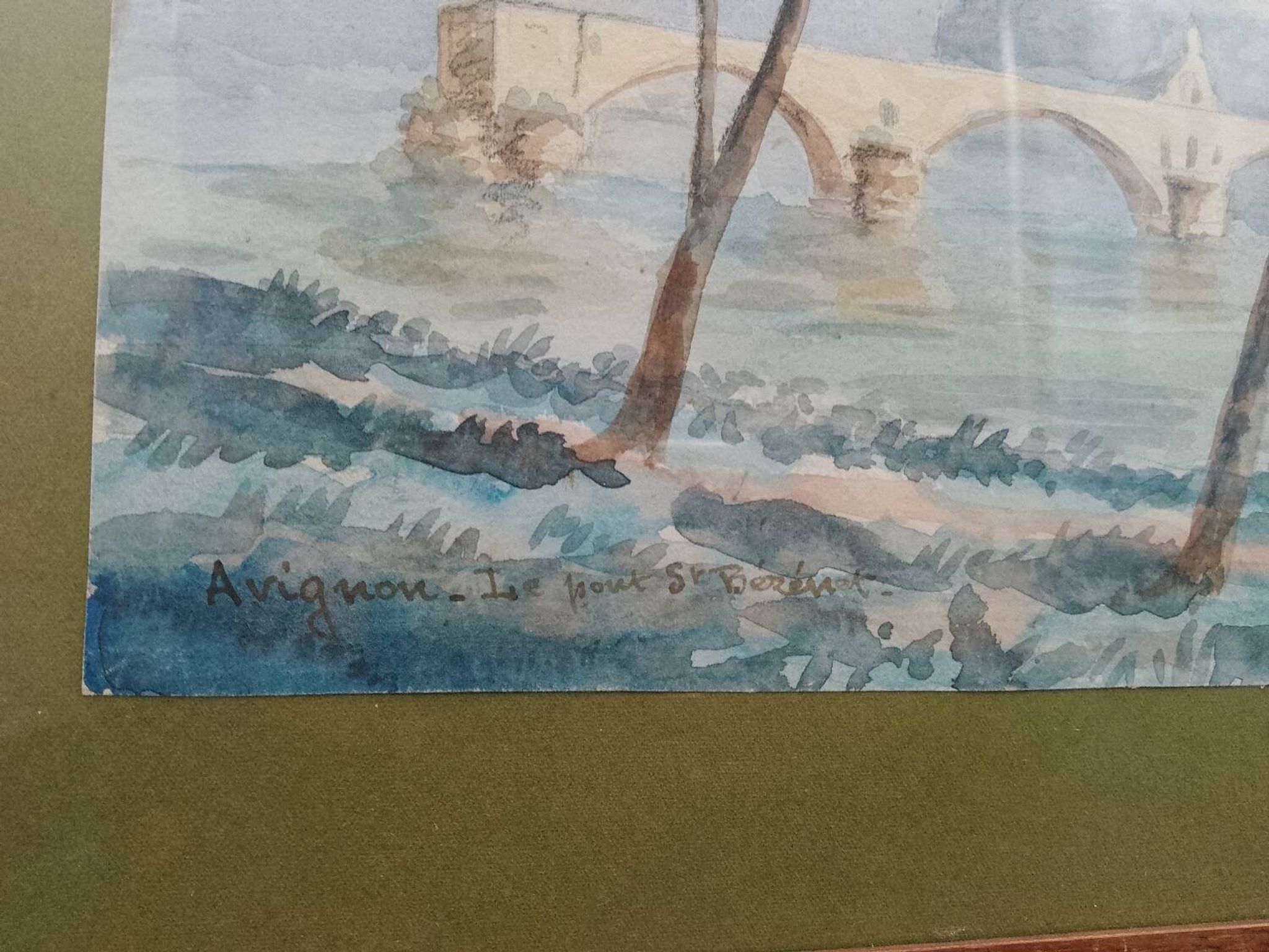 Tableau peinture aquarelle signé r. blossier avignon le pont benezet encadré