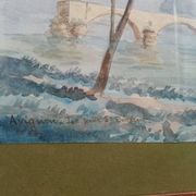 Tableau peinture aquarelle signé r. blossier avignon le pont benezet encadré