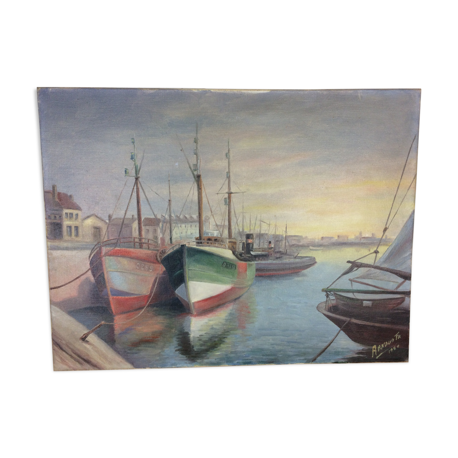 Marine painting, fishing port, oil on canvas