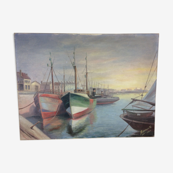 Tableau marine, port de pêche, huile sur toile