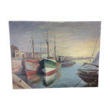 Tableau marine, port de pêche, huile sur toile