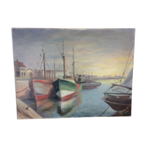 Marine painting, fishing port, oil on canvas