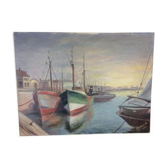 Tableau marine, port de pêche, huile sur toile