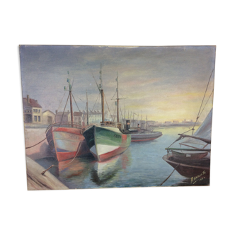 Marine painting, fishing port, oil on canvas