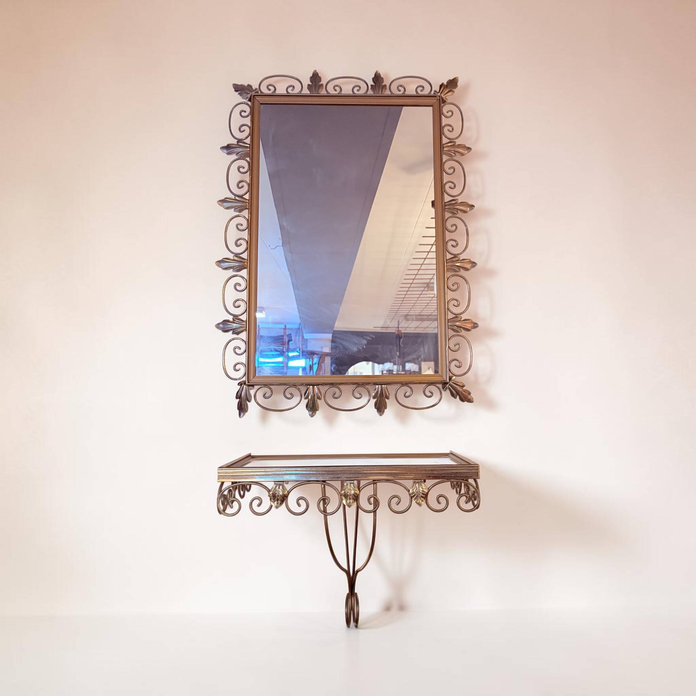 Vintage brass Deknudt mirror with shelf, 1970s