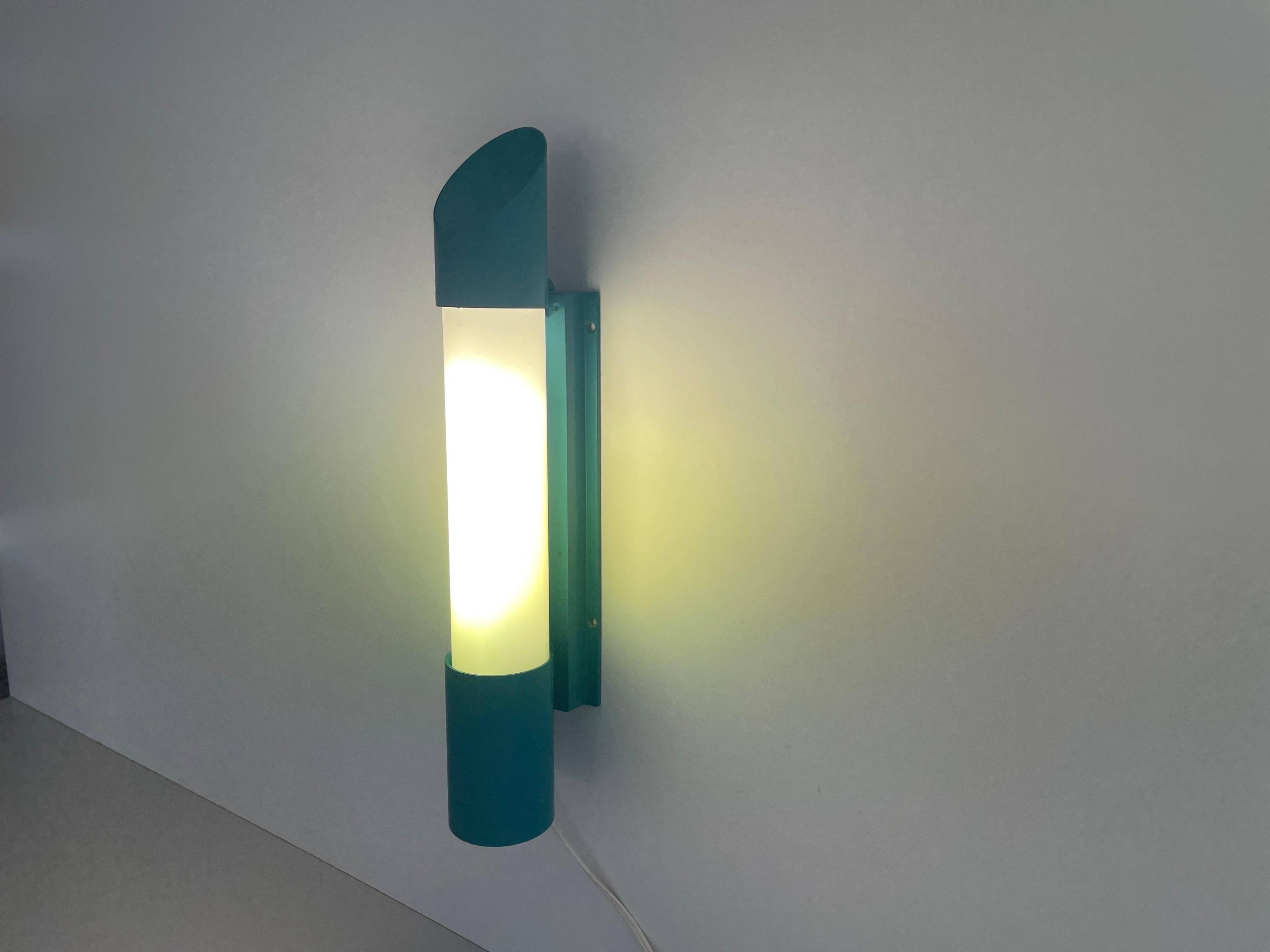Simple cylindrical wall light in opal glass and turquoise metal, 1970s, Germany