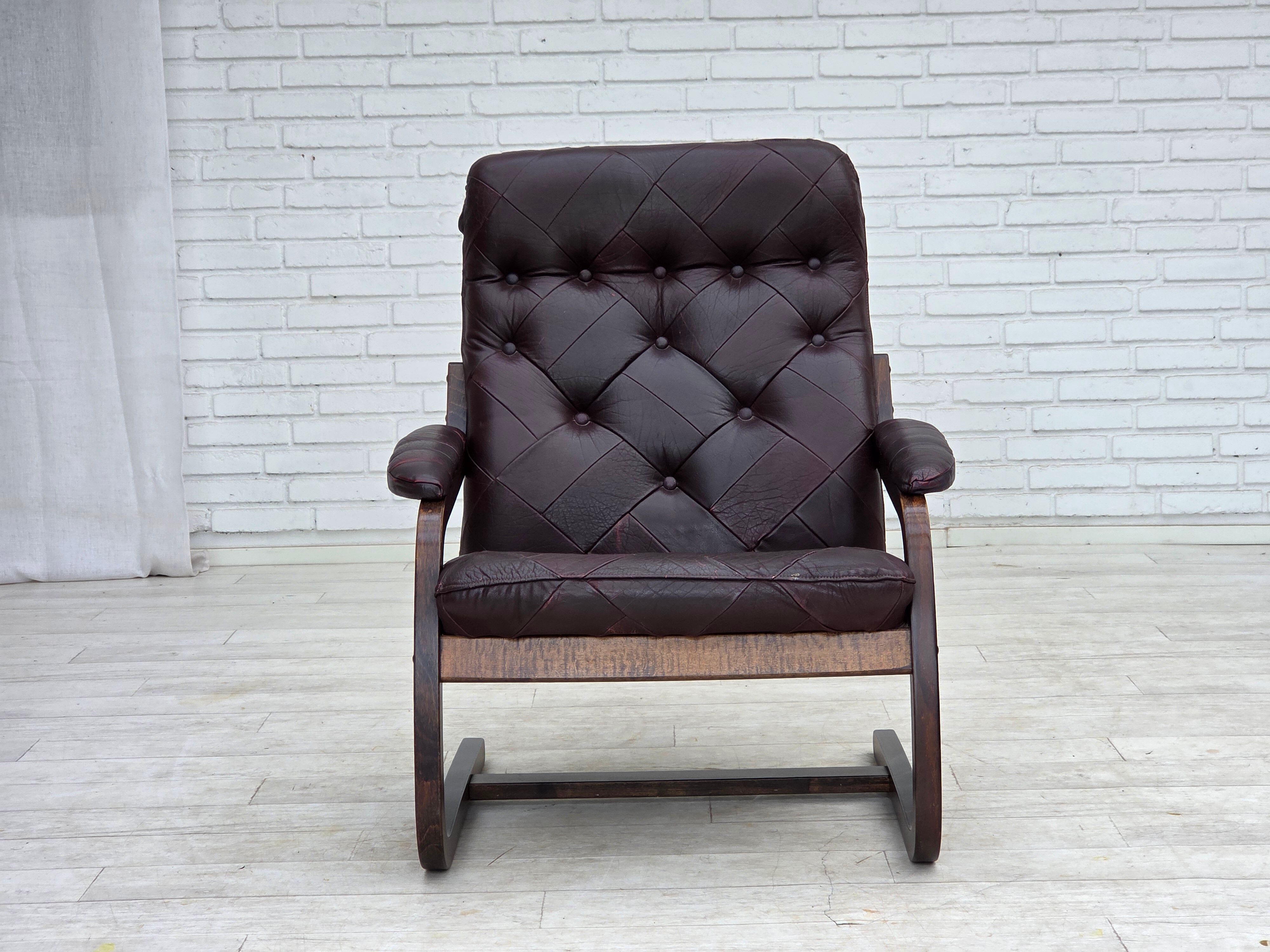 1970s, Scandinavian armchair, brown furniture leather, bent wood.