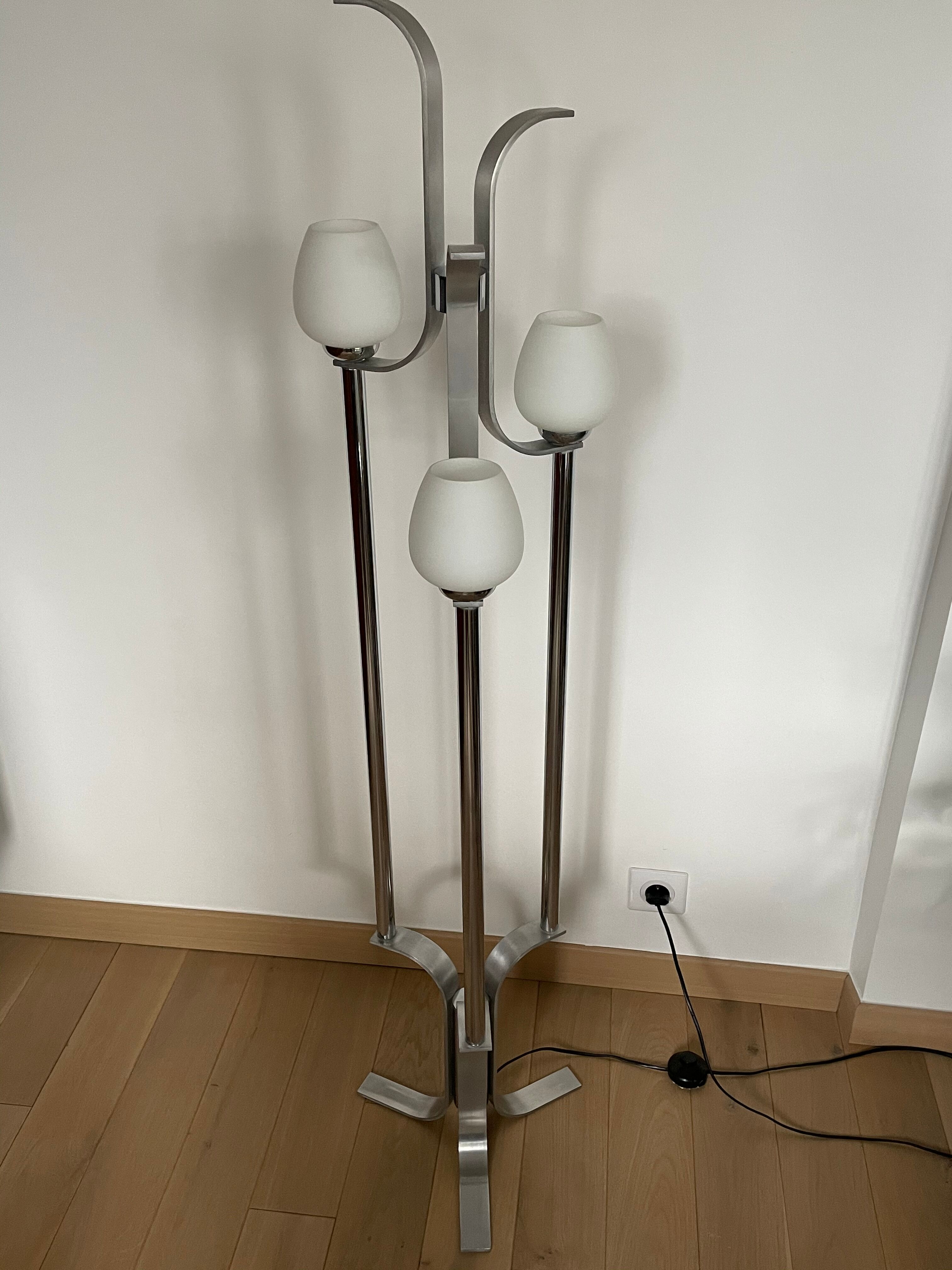 Space age lamp in brushed steel and opalin glass, 1970