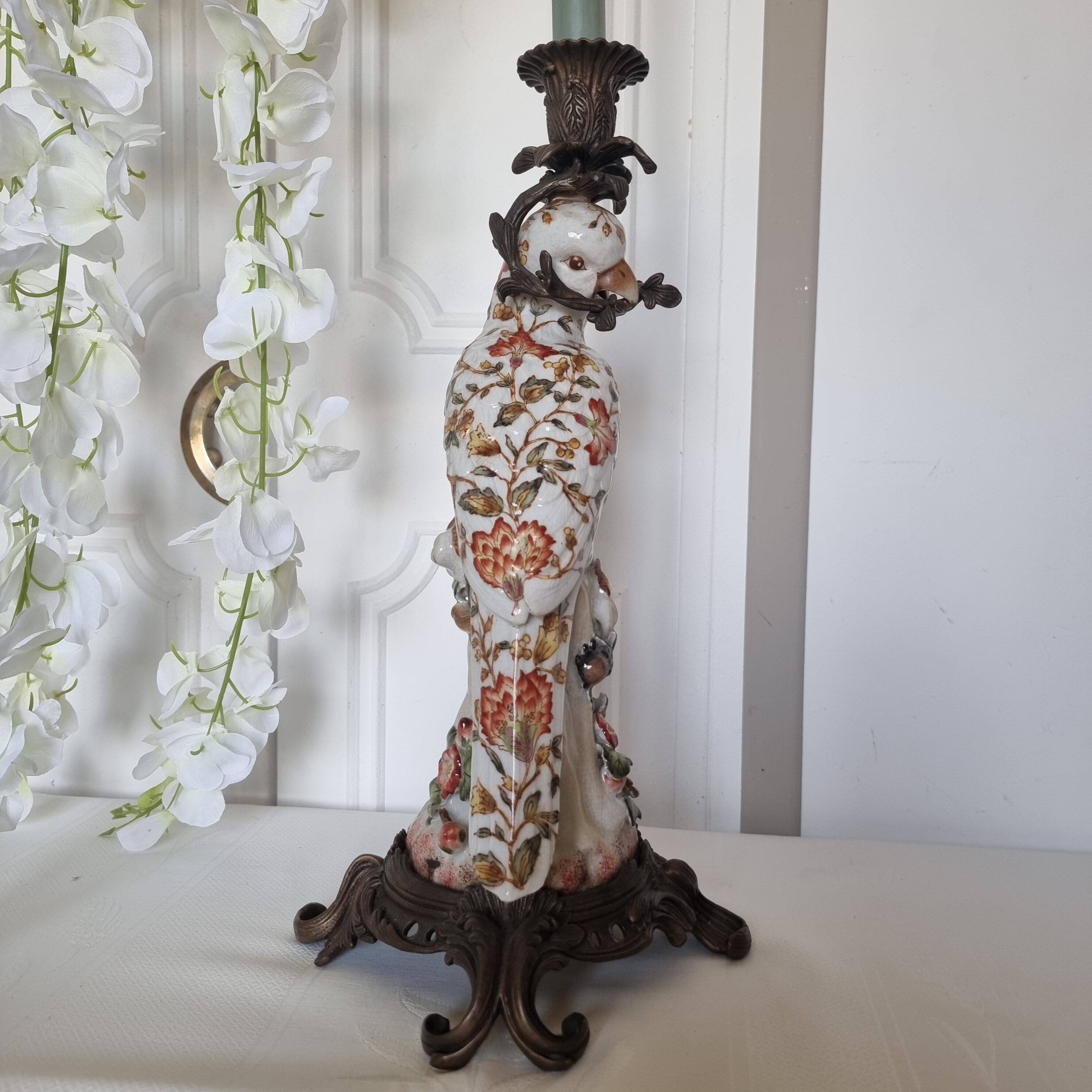 Parrot Candle Holder, Enameled Porcelain and Bronze, Late 19th Century