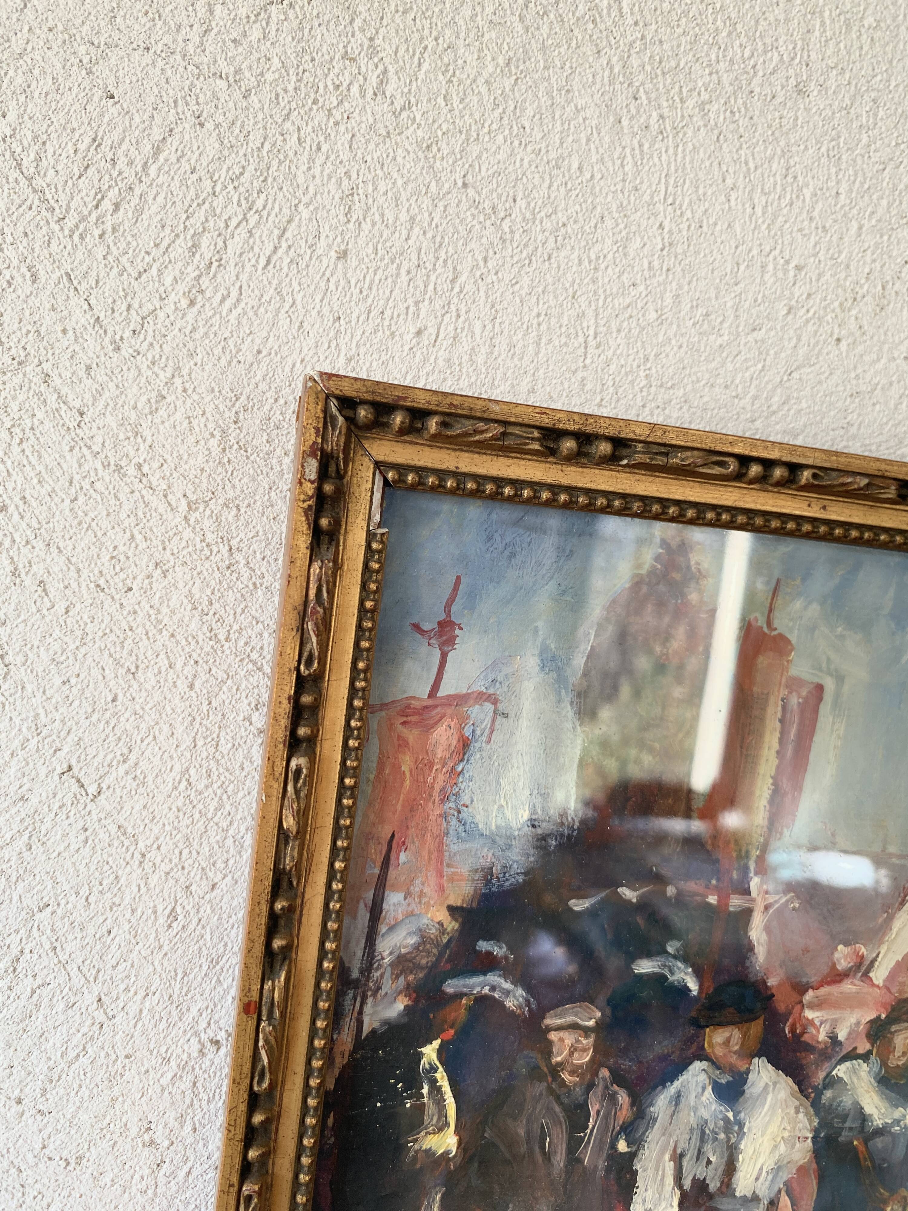 Oil painting “Sicilian procession” 1960, wooden frame and glass