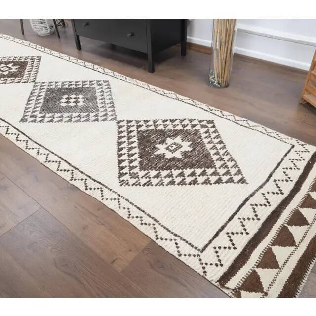 Vintage Turkish Oushak Handmade Wool Cotton White Runner Rug 90x345