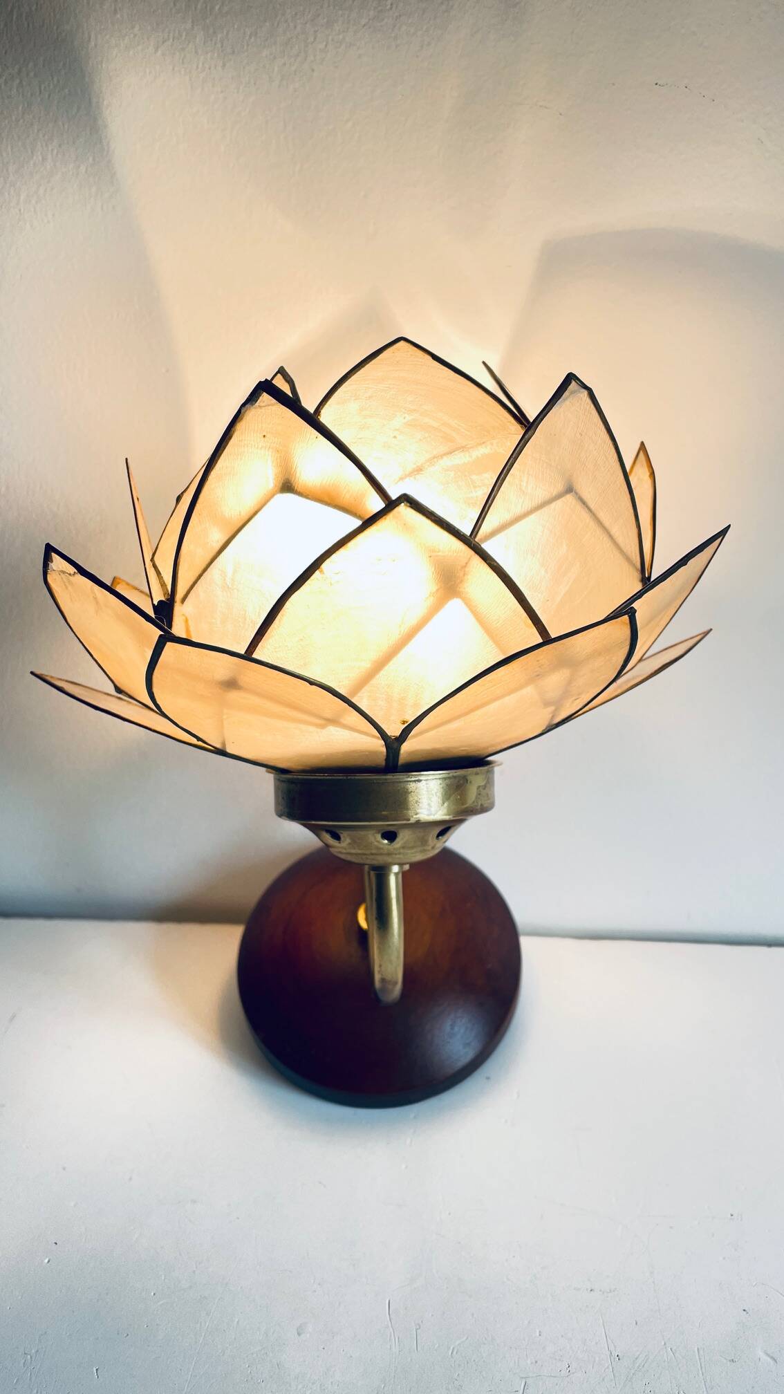 Vintage mother-of-pearl and brass flower wall lamp