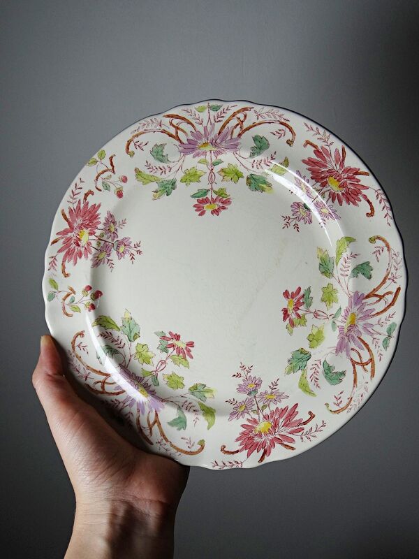 4 assiettes à dessert anciennes Longchamp Pâquerettes terre de fer polychrome