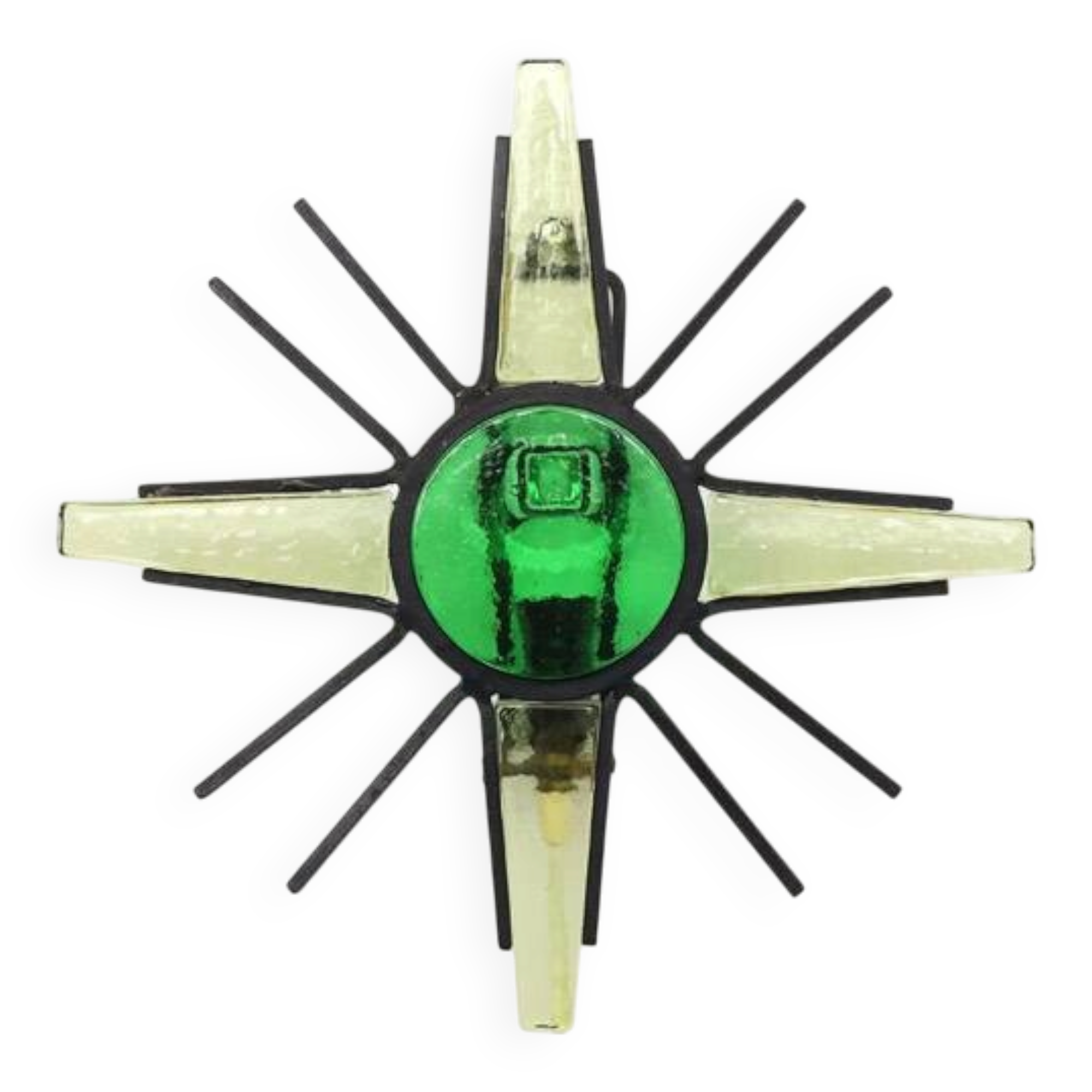 Vintage metal sunburst wall lamp with green glass, 1960s