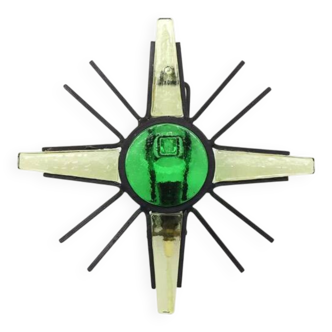 Vintage metal sunburst wall lamp with green glass, 1960s