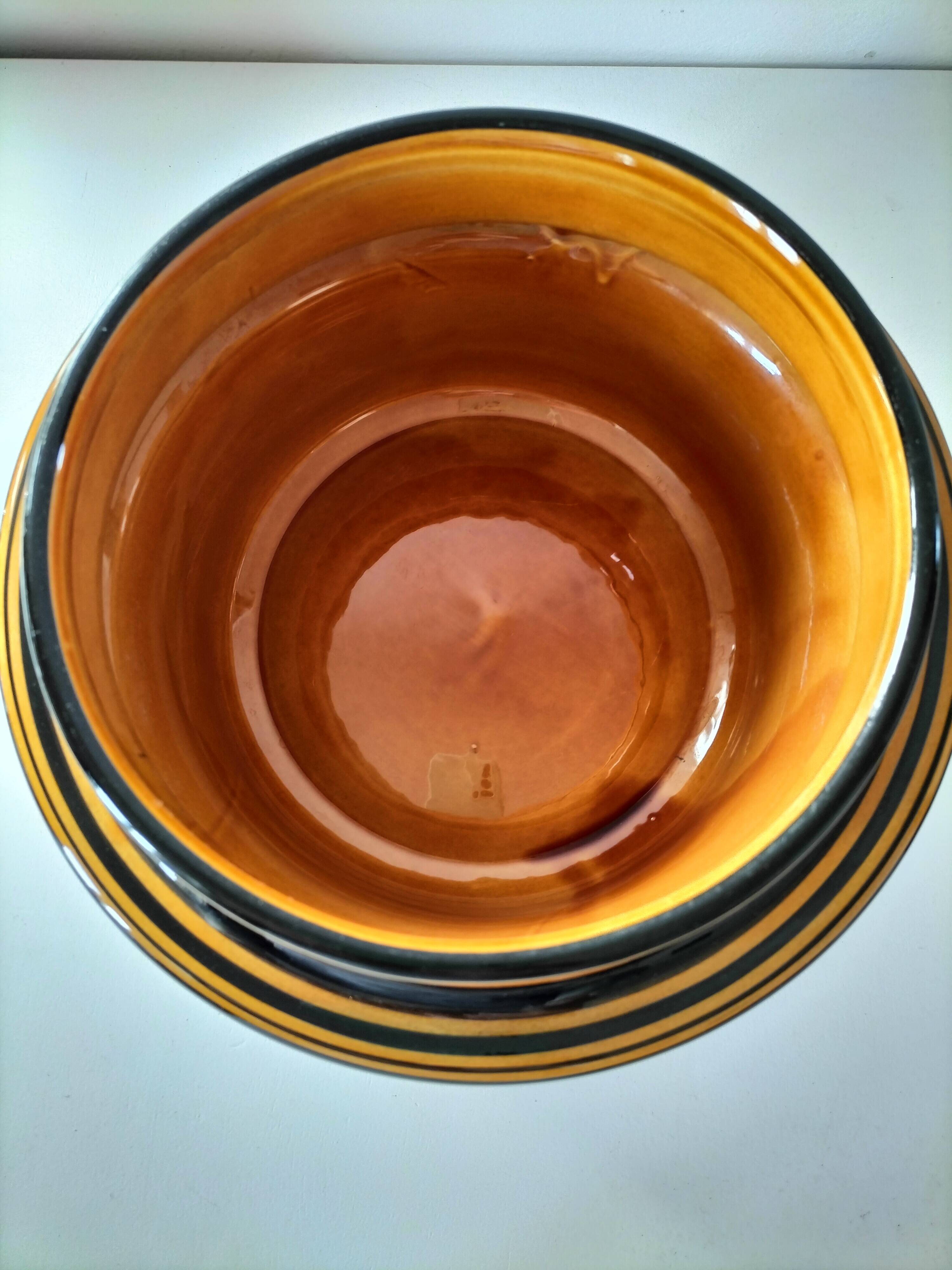 Vintage Luwasa cache-pot in brown caramel and black, ceramic, 1975