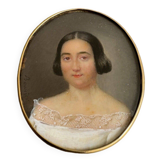 Miniature début XIXe peinte à la main par Bouvier portrait de femme
