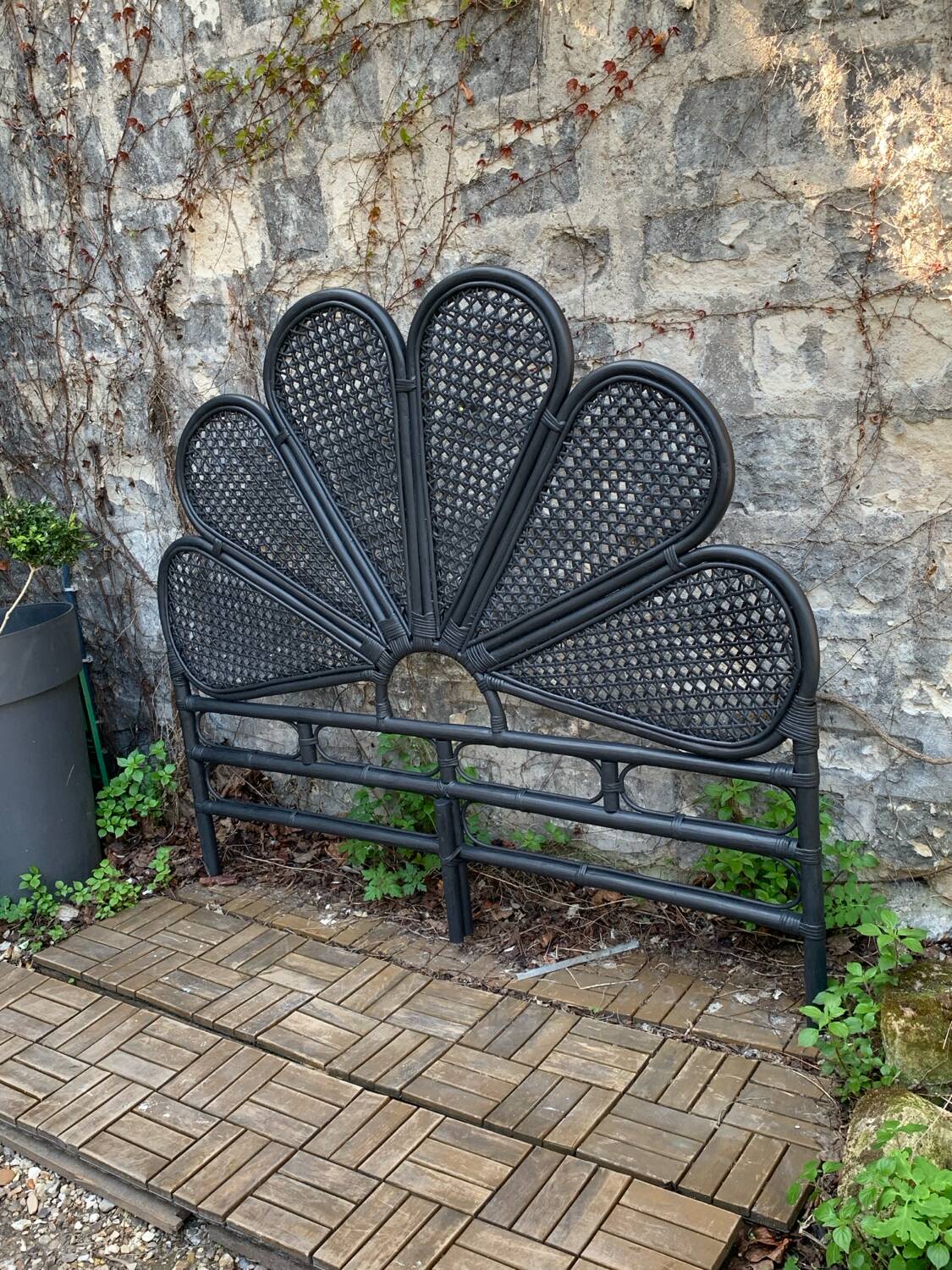Vintage black rattan headboard 142cm