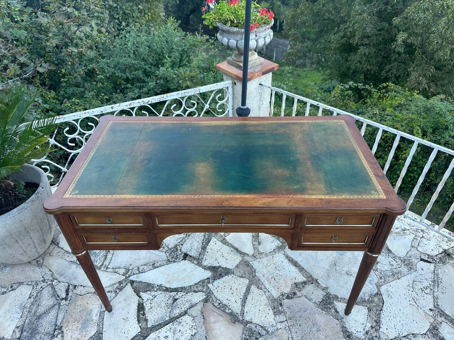Louis XVI style solid mahogany and bronze flat desk, 19th century