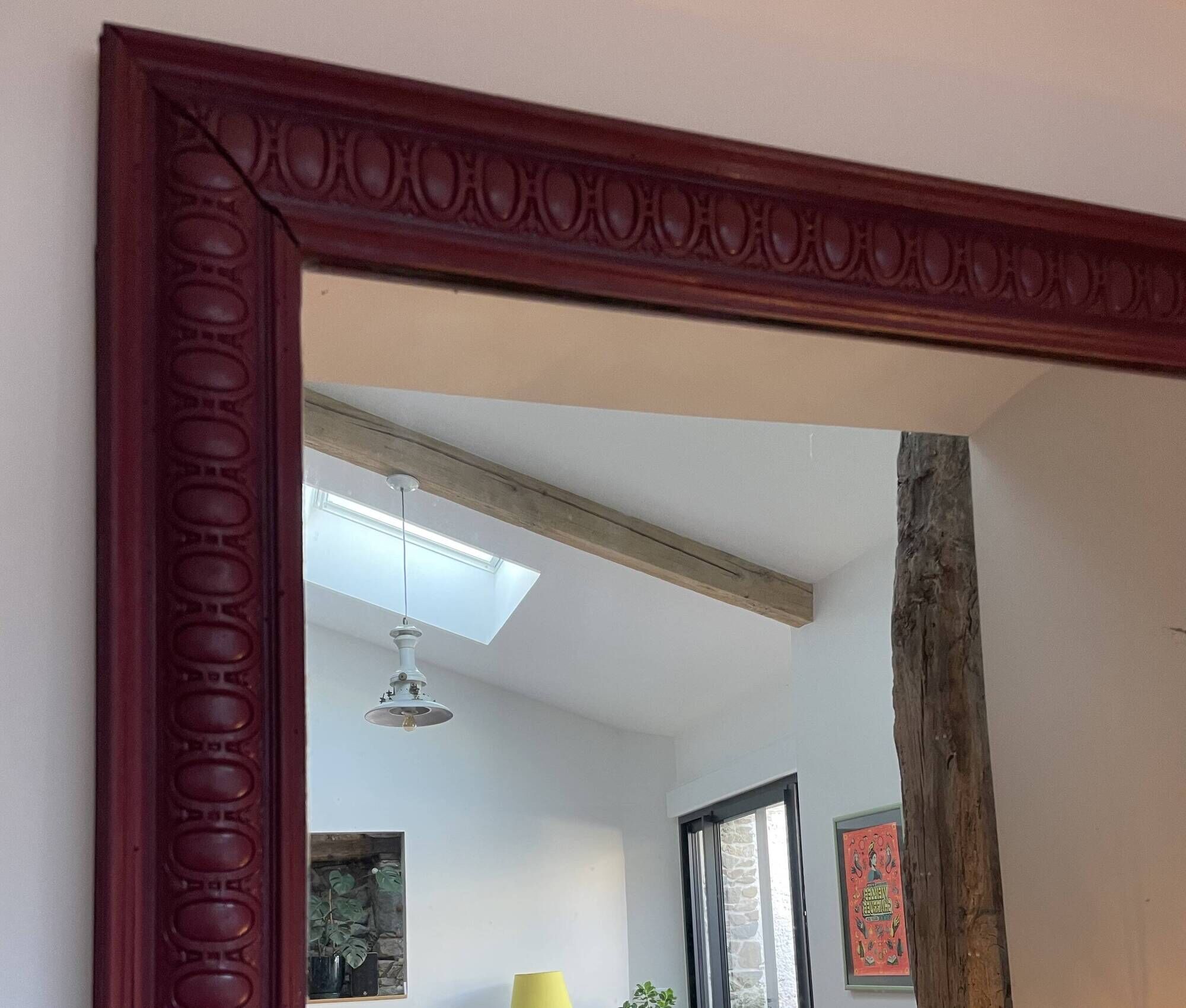 Large antique moulded mirror in wine red / plum (101 x 74 cm)