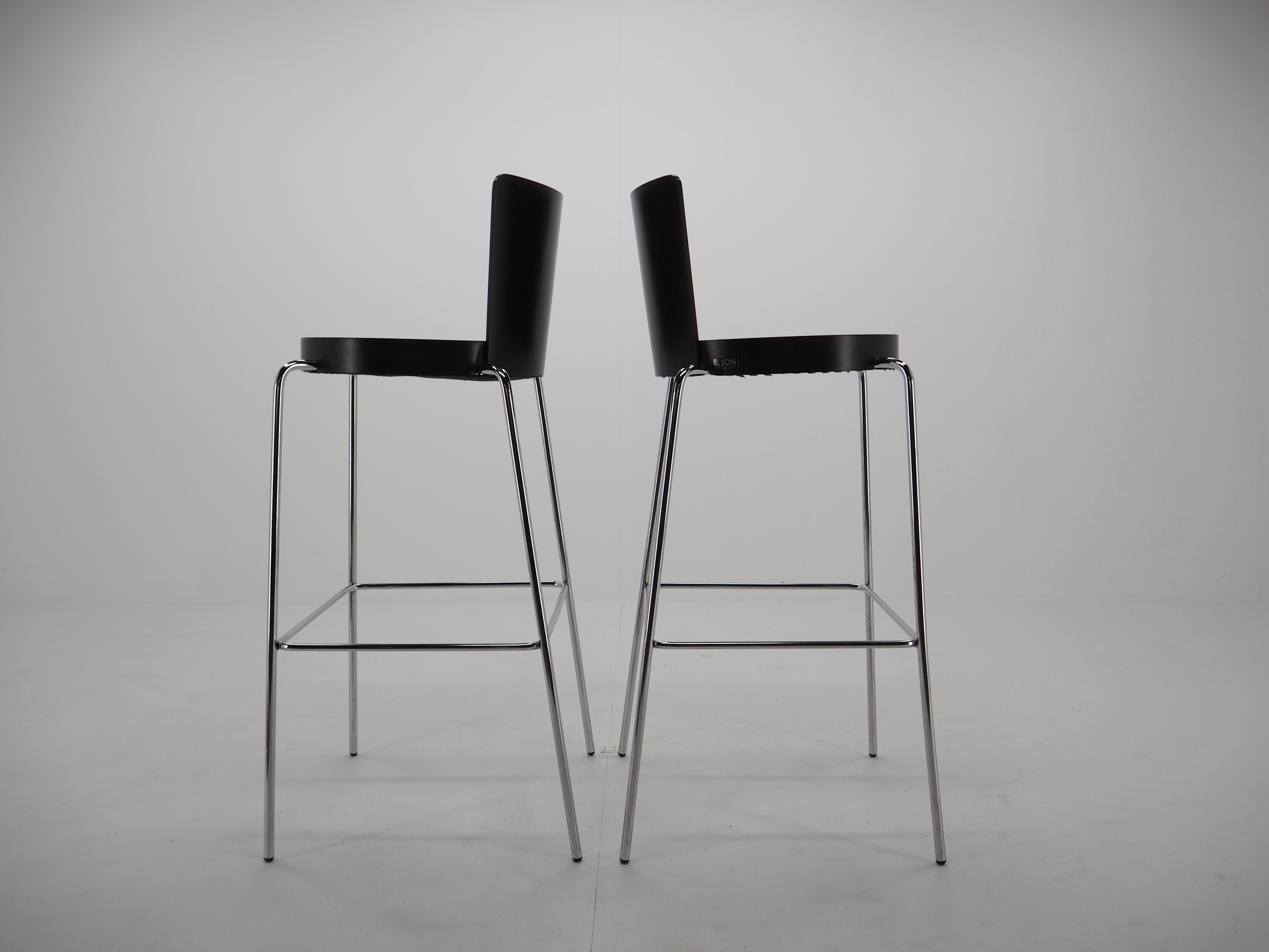 Midcentury chrome and wood bar stools by Ton, Czechoslovakia, 1980s