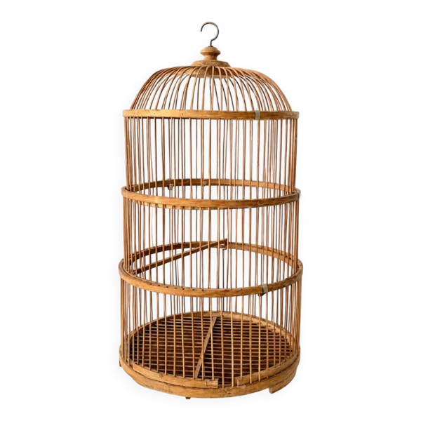 Grande Cage à oiseaux en bambou et rotin des années 70