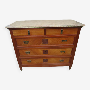 Low art-deco wood and marble chest of drawers