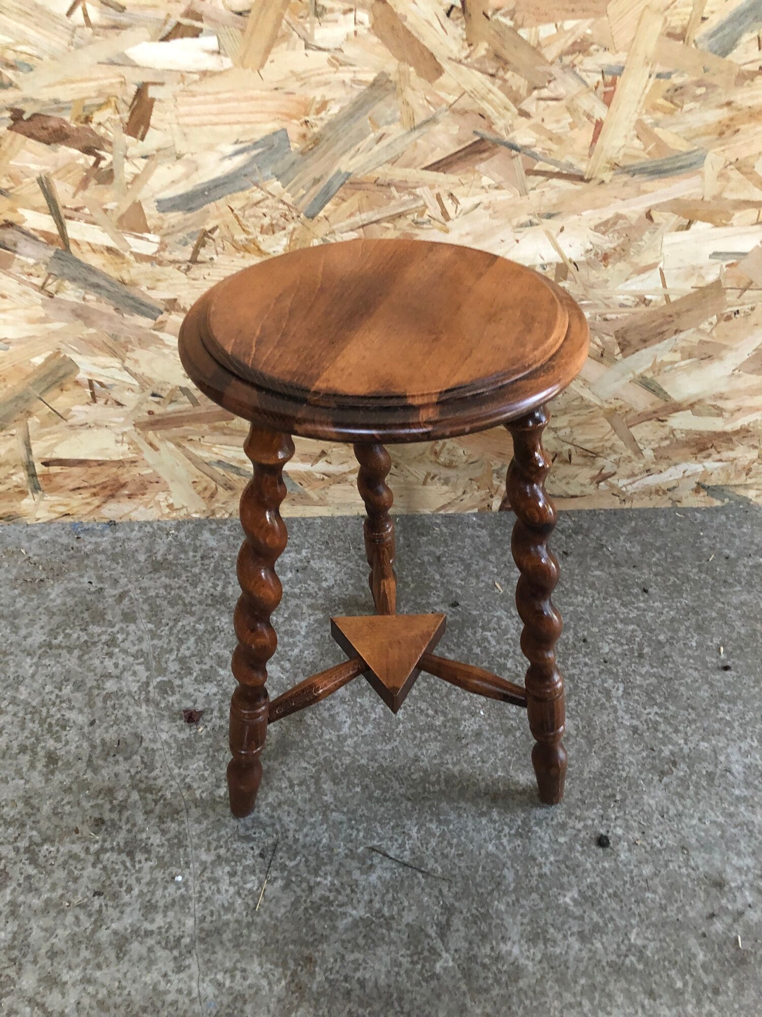 Old milking stool twisted feet vintage wood